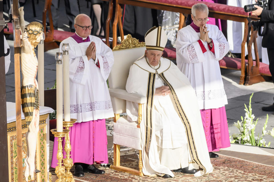 Pope Francis presides at Holy Mass with the new Cardinals and the College of Cardinals for the opening of the General Ordinary Assembly of the Synod of Bishops at St. Peter's Square, Oct. 4, 2023, in Vatican City. / Credit: Antonio Masiello/Getty