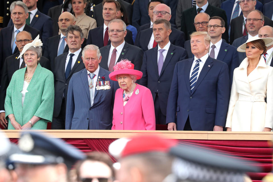 (front row, left to right) Prime Minister Theresa May, the Prince of Wales, Queen Elizabeth II, US President Donald Trump and Melania Trump during commemorations for the 75th Anniversary of the D-Day landings at Southsea Common, Portsmouth.