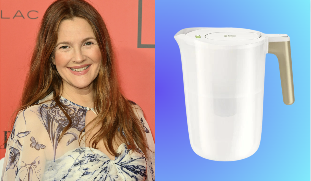 drew barrymore / a white water filter pitcher with a gold handle