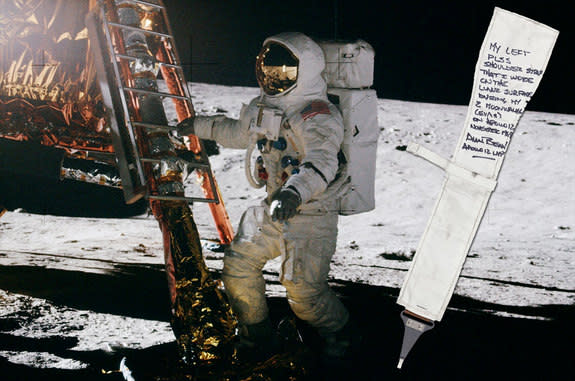 Apollo 12 astronaut Alan Bean, seen here in 1969 stepping onto the moon, is selling his lunar mementos, including a life support backpack strap that he wore on his moonwalks.