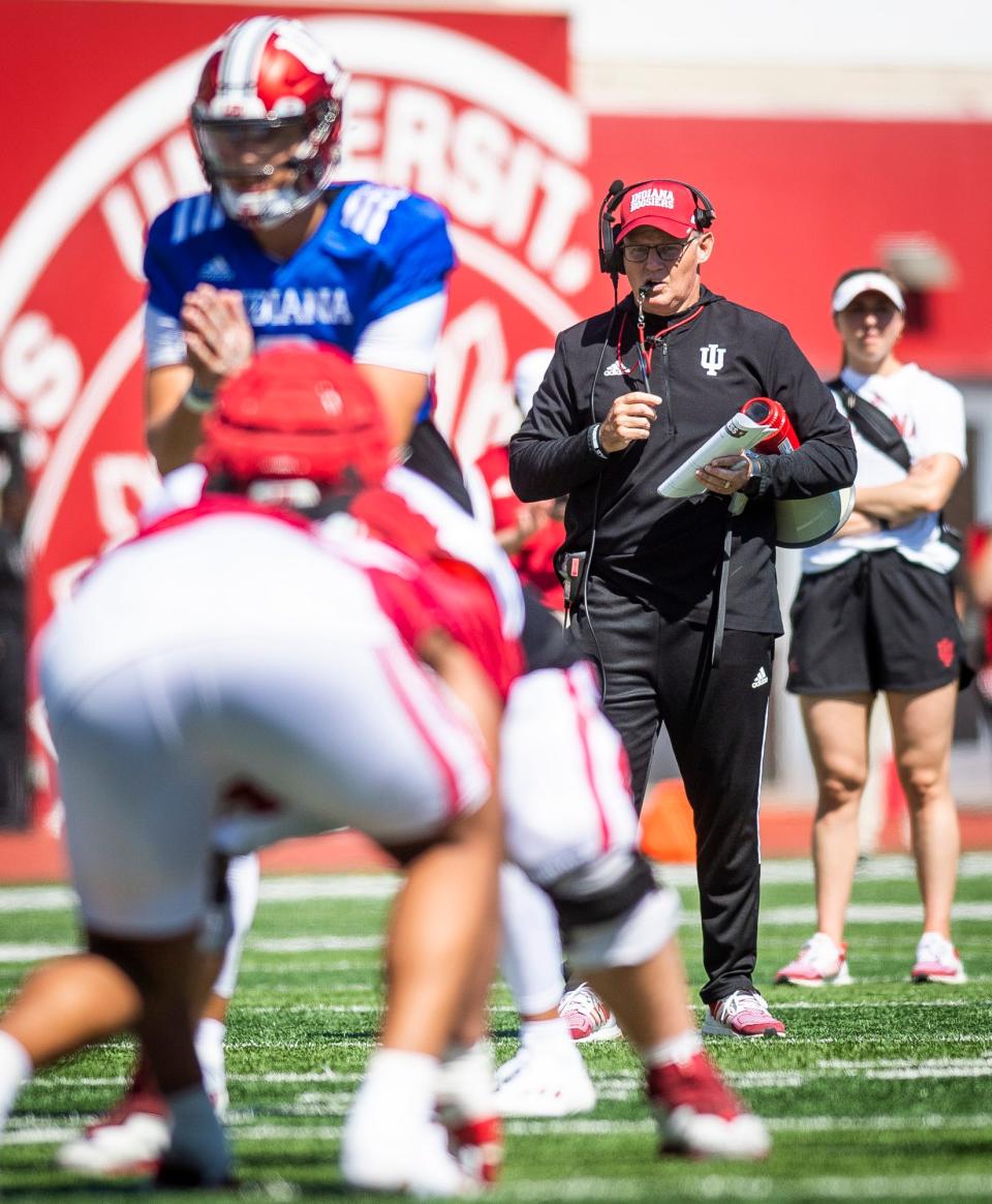 Indiana Head Coach Tom Allen watches his team during Indiana football's Spring Football Saturday event at Memorial Stadium on Saturday, April 15, 2203.