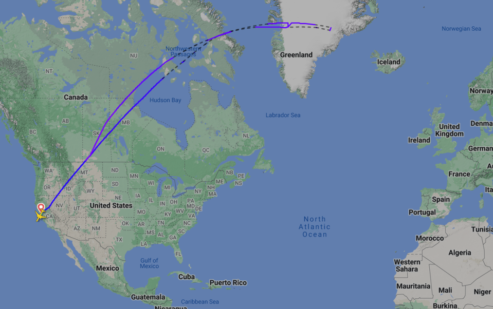 Going nowhere: Flightpath of United Airlines UA954 from San Francisco, which turned back halfway to Tel Aviv (Flightradar24)