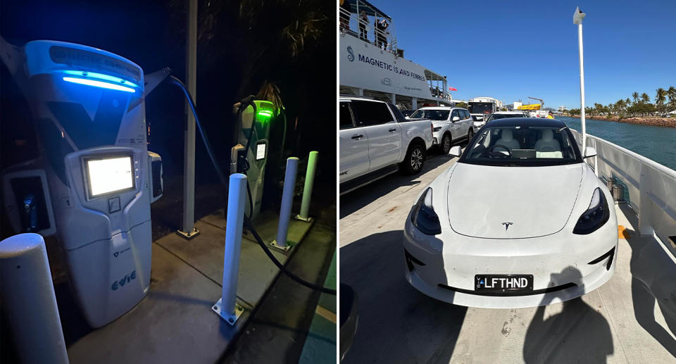 Left, an EV charging station JJ stopped at during the trip. Right, the white Tesla on the ferry to Magnetic Island at the end. 