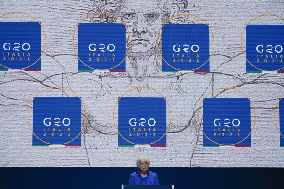 United States Secretary of the Treasury Janet Yellen speaks during a press conference at a G20 Economy and Finance ministers and Central bank governors' meeting in Venice, Italy, Sunday, July 11, 2021. (AP Photo/Luca Bruno)