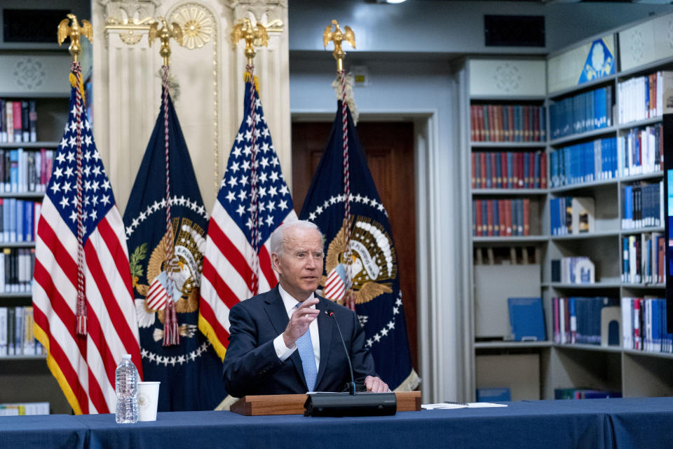 President Joe Biden speaks during a meeting with business leaders and CEOs on the COVID-19 response in the library of the Eisenhower Executive Office Building on the White House campus in Washington, Wednesday, Sept. 15, 2021. (AP Photo/Andrew Harnik)