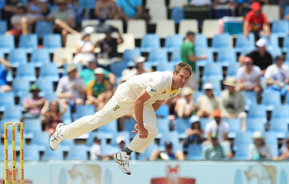 Australia's bowler Ryan Harris, watches his delivery on the fourth day of their cricket test match against South Africa at Centurion Park in Pretoria, South Africa, Saturday, Feb. 15, 2014. (AP Photo/ Themba Hadebe)