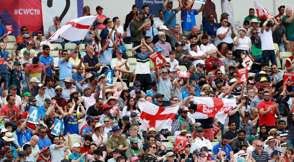 BIRMINGHAM, ENGLAND - JULY 11:  England fans celebrate during the Semi-Final match of the ICC Cricket World Cup 2019 between Australia and England at Edgbaston on July 11, 2019 in Birmingham, England. (Photo by David Rogers/Getty Images)