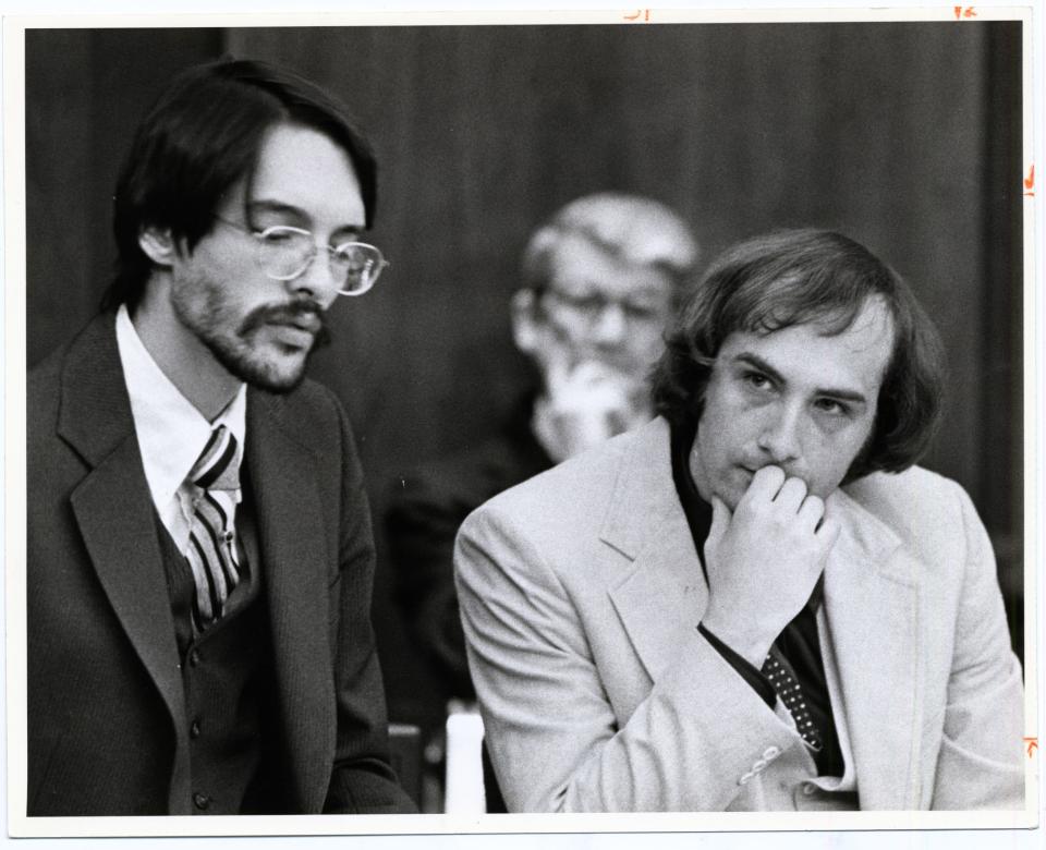 STEVE THOMPSON, attorney, at left, with Billy Milligan, right in 1981