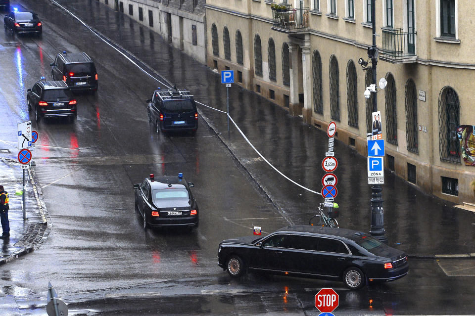 A convoy transporting Russian President Vladimir Putin arrives in central Budapest, Hungary, Wednesday, Oct. 30, 2019. Putin is on an official visit to Hungary. (Lajos Soos/MTI via AP)