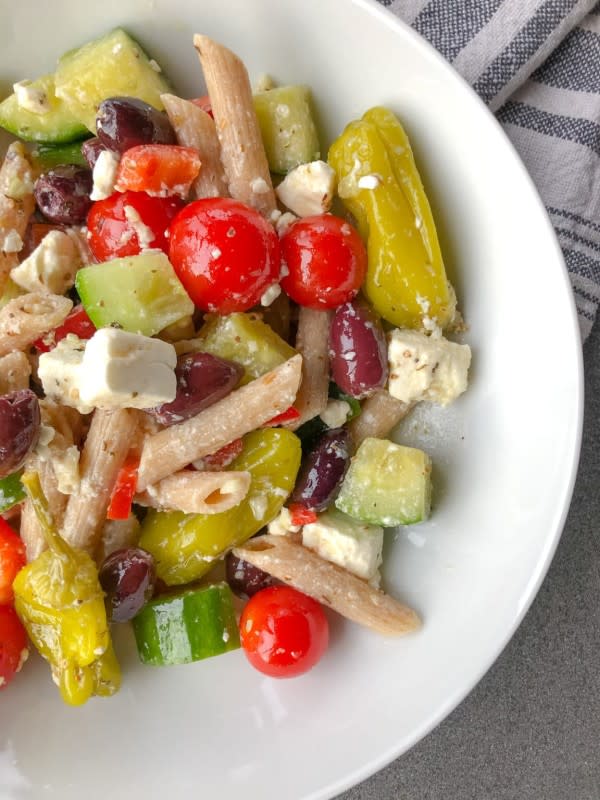 <p>Healthy With A Chance Of Sprinkles</p><p>Allow me to introduce you to your new favorite pasta salad.</p><p><strong>Get the recipe: <a href="https://healthywithachanceofsprinkles.com/loaded-vegetable-greek-pasta-salad" rel="nofollow noopener" target="_blank" data-ylk="slk:Loaded Vegetable Greek Pasta Salad;elm:context_link;itc:0;sec:content-canvas" class="link rapid-noclick-resp">Loaded Vegetable Greek Pasta Salad</a></strong></p>