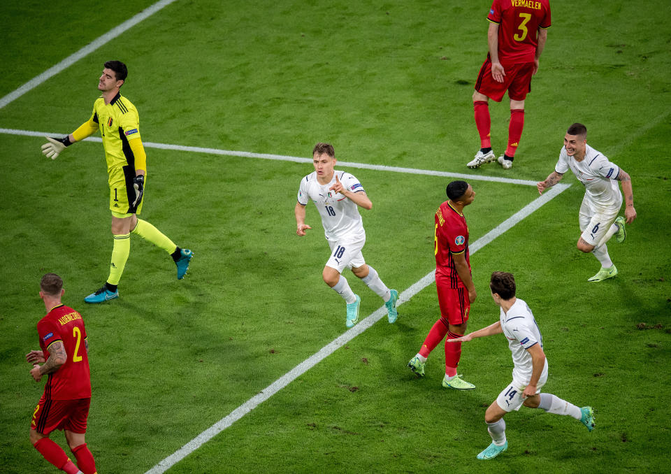 Nicolo Barella (pictured centre) celebrates during the UEFA Euro 2020 Championship Quarter-final match between Belgium and Italy at Football Arena Munich.