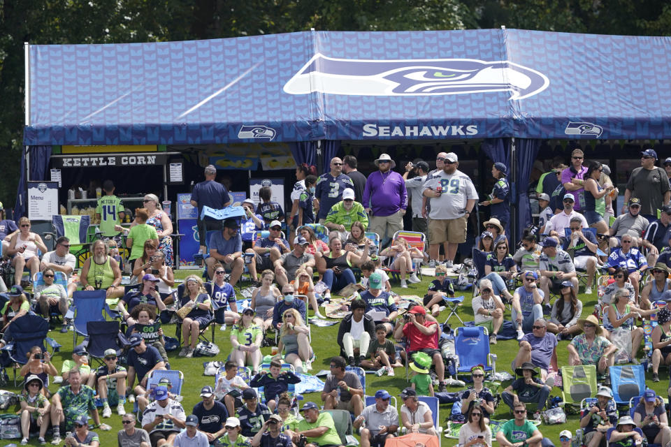 Fans sit on a grassy viewing area as they watch Seattle Seahawks NFL football practice Wednesday, July 28, 2021, in Renton, Wash. (AP Photo/Ted S. Warren)