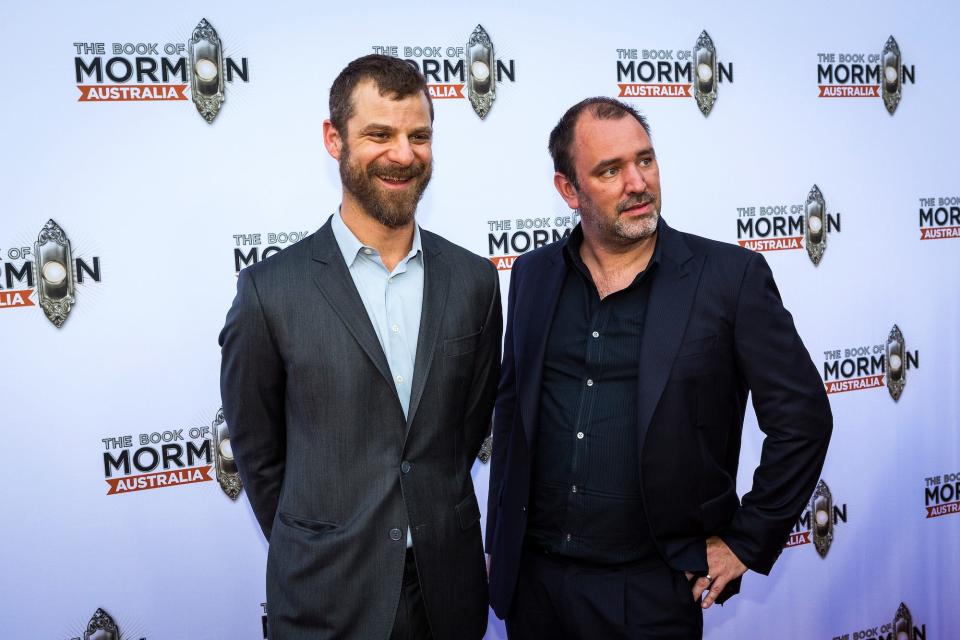 Matt Stone and Trey Parker arrives ahead of The Book of Mormon opening night at Princess Theatre on February 4, 2017 in Melbourne, Australia.