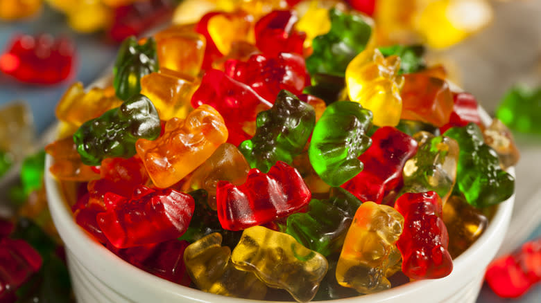 gummy bears in white bowl