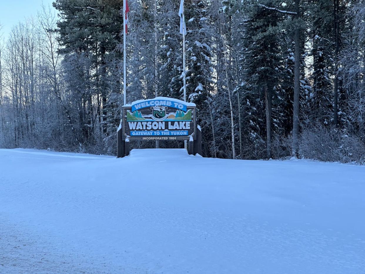 A sign welcomes people to Watson Lake, Yukon, on a snowy winter's day. (Cheryl Kawaja/CBC - image credit)