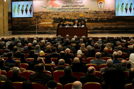 Palestinian President Mahmoud Abbas speaks during the meeting of the Palestinian Central Council in the West Bank city of Ramallah January 14, 2018. REUTERS/Mohamad Torokman