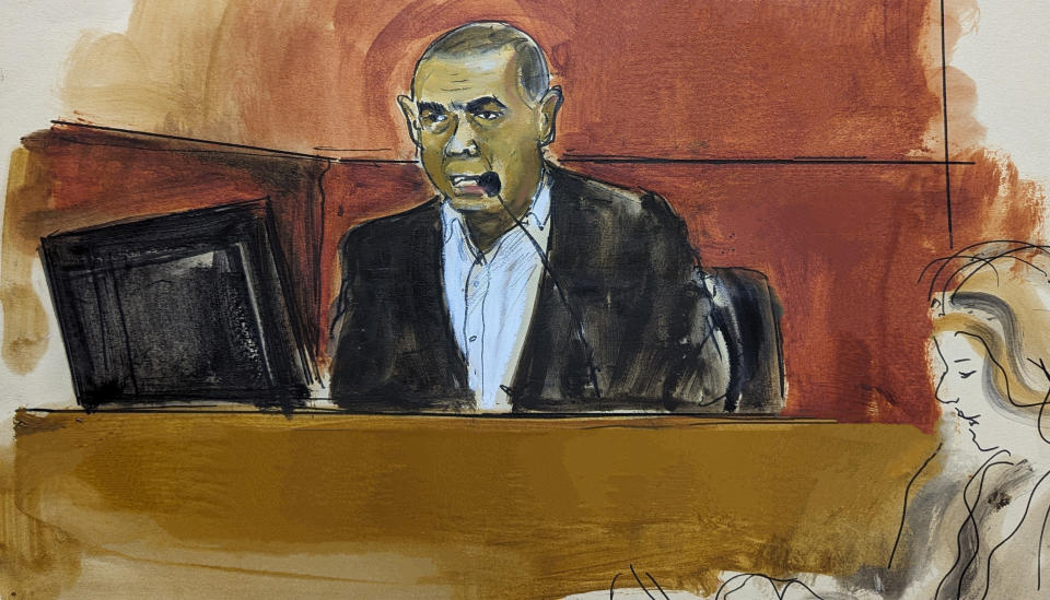 In this courtroom sketch, Jose Uribe testifies on the witness stand in Manhattan federal court, Monday, June 10, 2024, in New York. Uribe, who prosecutors say bribed Sen. Bob Menendez testified Monday that the Democrat told him in the summer of 2019 that he'd look into a state criminal probe threatening his business and then later assured him there was no threat and even boasted about saving him. (Elizabeth Williams via AP)