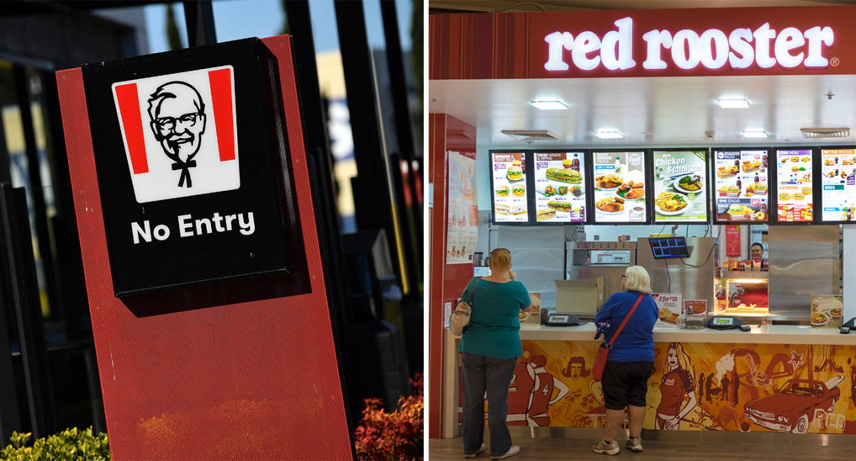 Left - A KFC no entry. Right - a Red Rooster store front inside a mall with two customers.