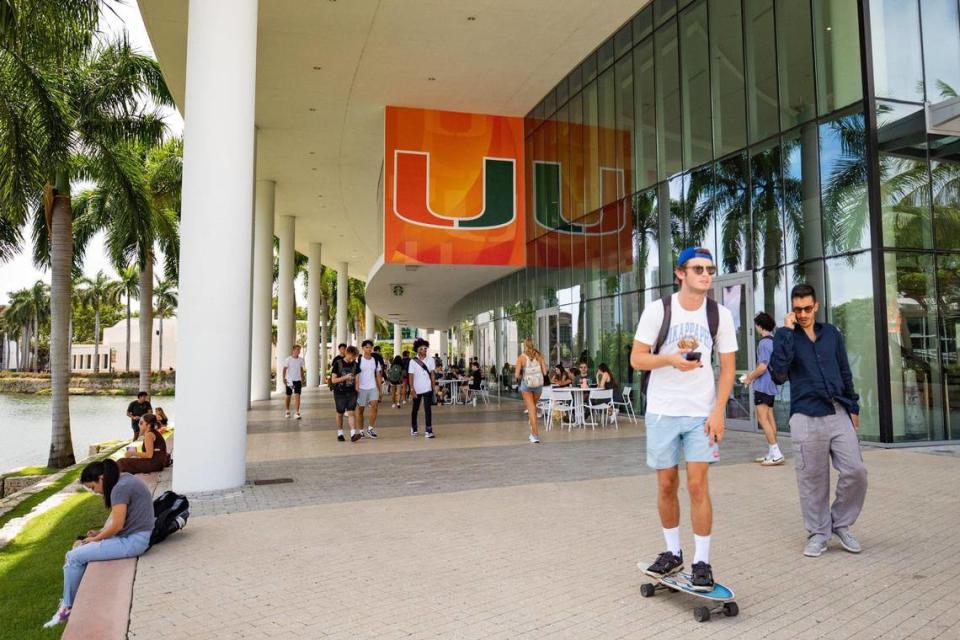 Students walk and skateboard through campus in between classes at the University of Miami in Coral Gables, Florida during the first day of classes of the fall semester on Monday, August 22, 2022.