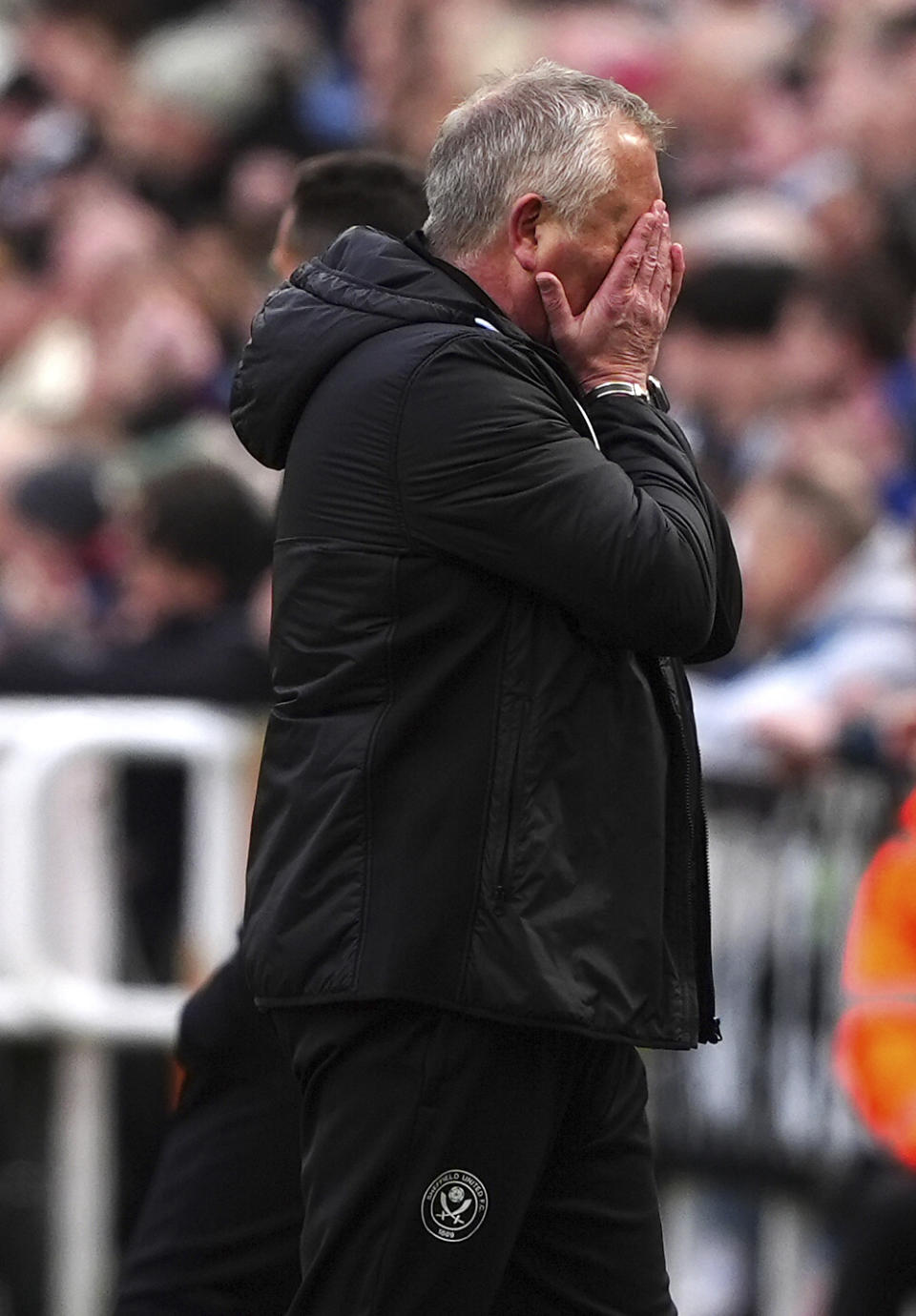 Sheffield United's head coach Chris Wilder reacts during the English Premier League soccer match between Newcastle United and Sheffield United at St. James' Park, Newcastle, England, Saturday, April 27, 2024. (Owen Humphreys/PA via AP)