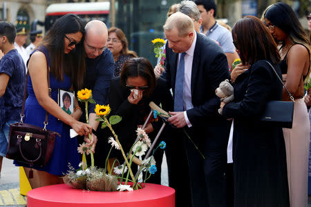 Relatives place flowers in memory of victims of the twin Islamist attacks on the Catalan capital and the coastal town of Cambrils that killed 16 people, during a ceremony to mark the first anniversary of the attacks at Las Ramblas, central Barcelona, Spain, August 17, 2018. REUTERS/Albert Salame