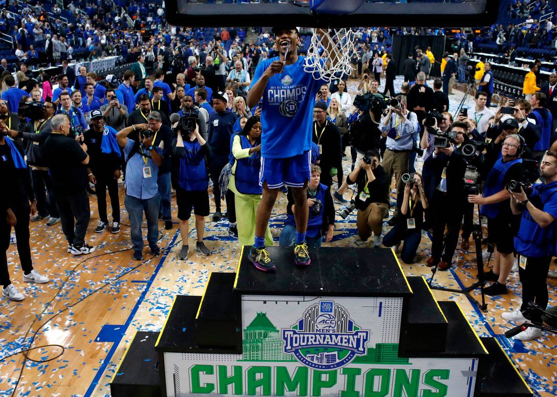 Duke’s Jeremy Roach (3) smiles as he cuts the net after Duke’s 59-49 victory over Virginia to win the ACC Men’s Basketball Tournament in Greensboro, N.C., Saturday, March 11, 2023.