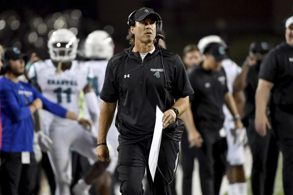 Coastal Carolina coach Jamey Chadwell reacts to a call during the first half of the team's NCAA college football game against Arkansas State on Thursday, Oct. 7, 2021, in Jonesboro, Ark. (AP Photo/Michael Woods)