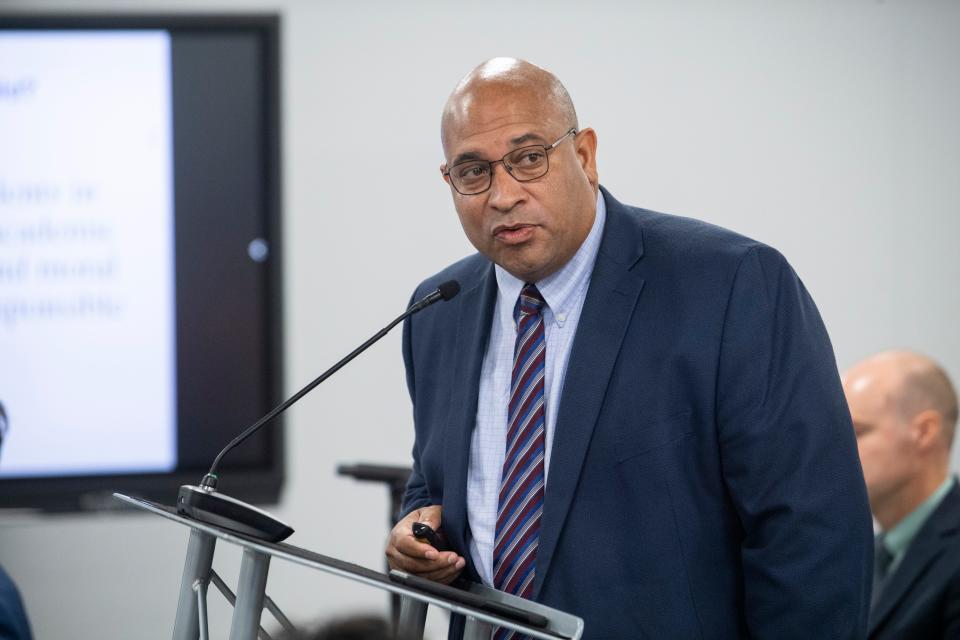 Phillip Schwenk, a principal at an ACA school, speaks during the American Classical Academy Madison County Charter School Appeal Public Hearing on Thursday, September 15, 2022, in Jackson, Tenn. 