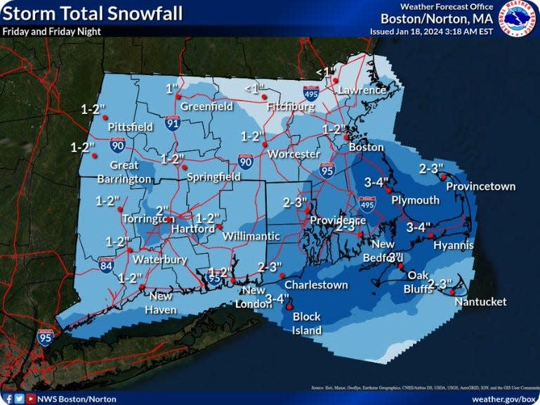 Rhode Island should get only a few inches of snow Friday, with the higher amounts to the south and east, according to the weather service.