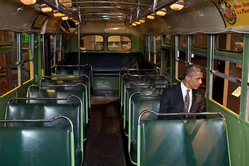 <p>“We were doing an event at the Henry Ford Museum in Dearborn, Michigan on April 18, 2012. Before speaking, the President was looking at some of the automobiles and exhibits adjacent to the event, and before I knew what was happening he walked onto the famed Rosa Parks bus. He sat in one of the seats, looking out the window for a only few seconds.” (Pete Souza/The White House) </p>