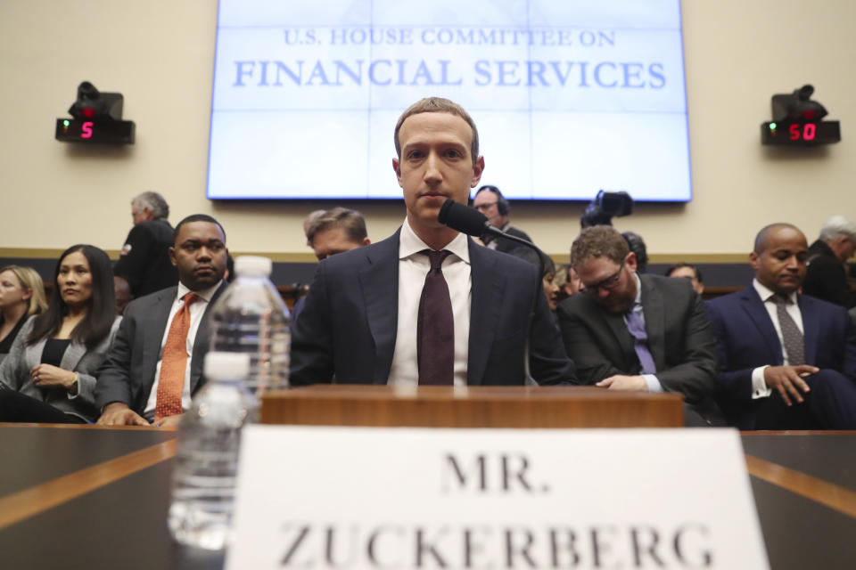 Facebook CEO Mark Zuckerberg arrives to testify before a House Financial Services Committee hearing on Capitol Hill in Washington, Wednesday, Oct. 23, 2019, on Facebook's impact on the financial services and housing sectors. (AP Photo/Andrew Harnik)