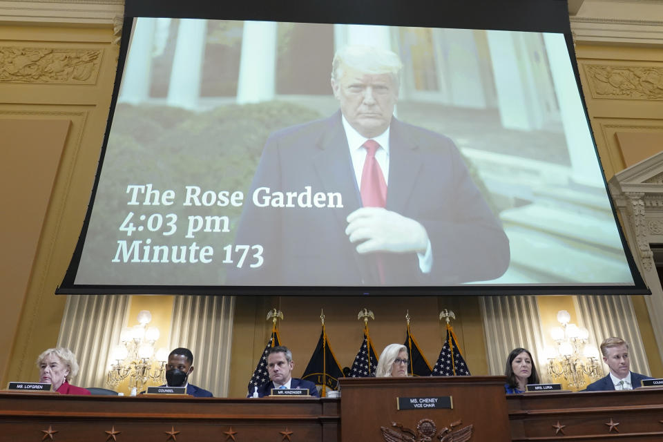 A video of President Donald Trump recording a statement in the Rose Garden of the White House on Jan. 6 is played as the House select committee investigating the Jan. 6 attack on the U.S. Capitol holds a hearing at the Capitol in Washington, Thursday, July 21, 2022. (AP Photo/Patrick Semansky)