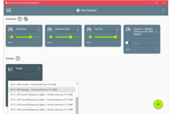 Screenshot showing how to select temperature source for fan curve on Fan Control software.