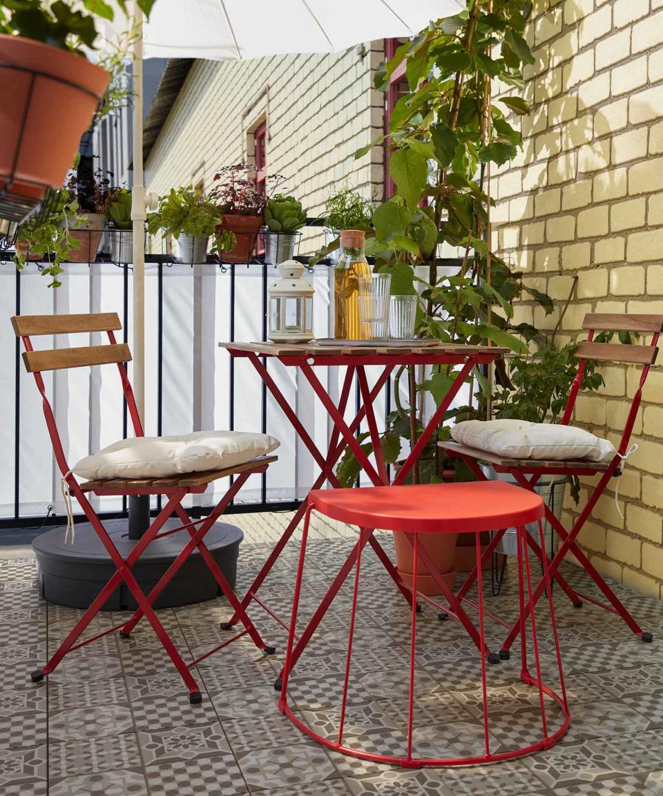 <p> Working with a small plot? You'll definitely need some cheap no-grass backyard ideas to avoid the hassle of maintaining a tiny patch of turf. </p> <p> These click-together decking tiles are an ingenious solution for a quick update. They'll instantly pep up an old, lacklustre patio, bare stretch of concrete, or even a balcony. And the best part is, you can take them with you should you move house, so they're a great option for rentals. </p> <p> Pair with a brightly-colored bistro, some cute lanterns, and pots full of flowers, herbs and veg for an outdoor living scene that feels fresh, modern and fun. </p>