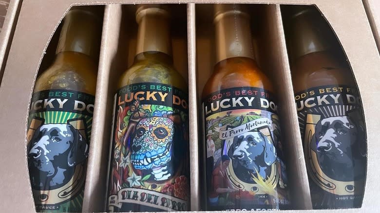 box of Lucky Dog hot sauces