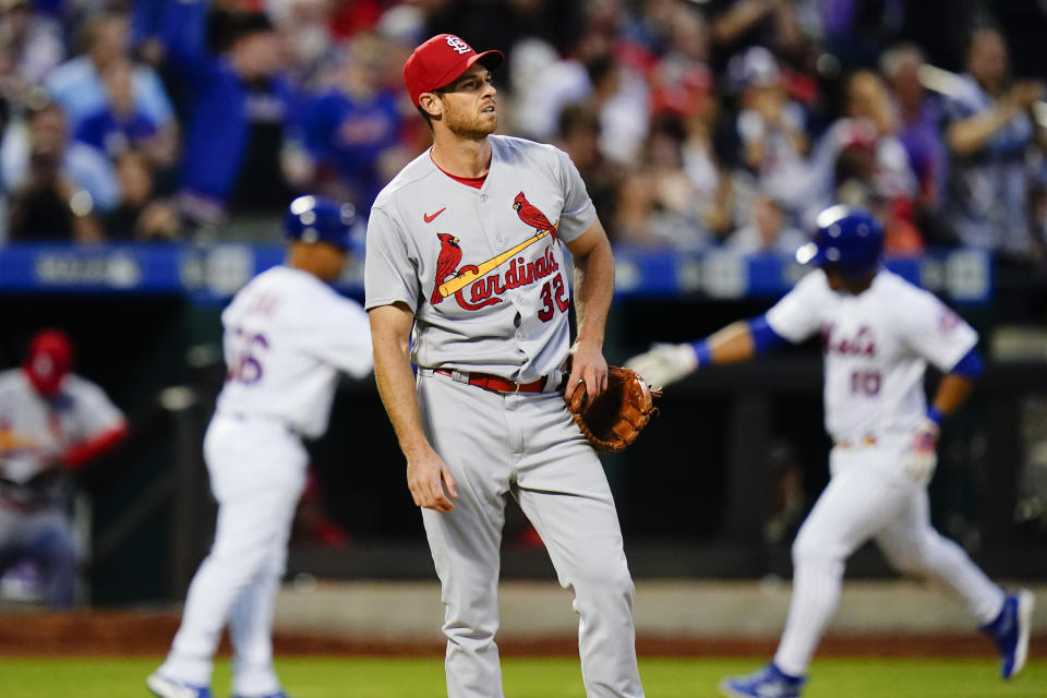 St. Louis Cardinals starting pitcher Steven Matz reacts as New York Mets third baseman Eduardo Escobar runs the bases after hitting a home run during the fourth inning in the second baseball game of a doubleheader Tuesday, May 17, 2022, in New York. (AP Photo/Frank Franklin II)