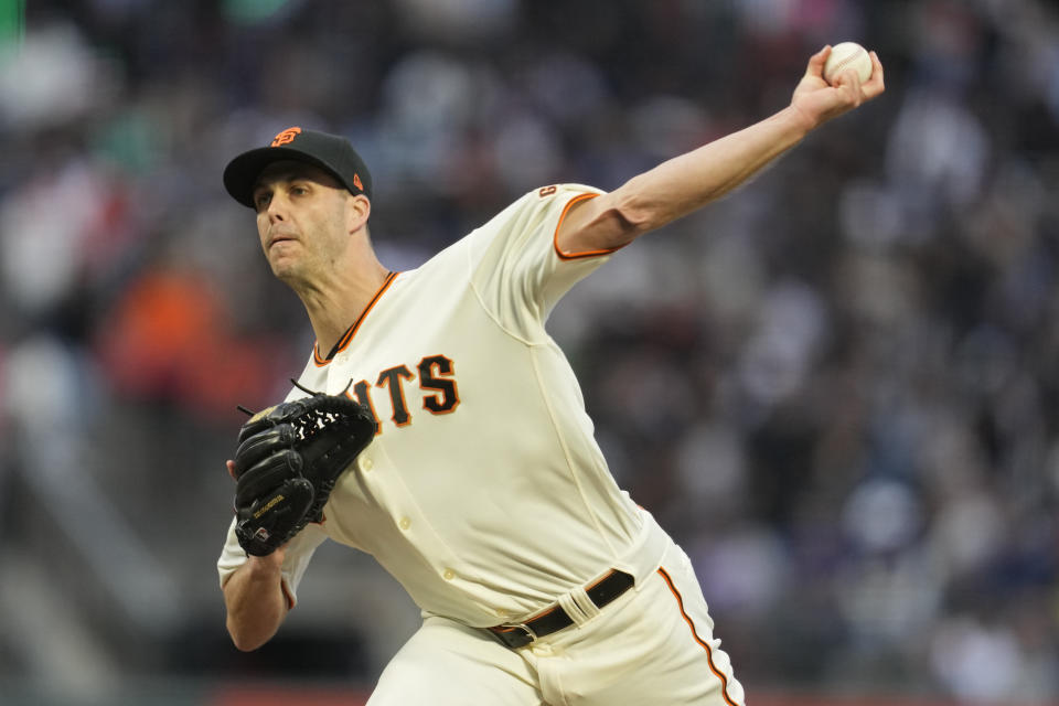 San Francisco Giants relief pitcher Taylor Rogers throws in the seventh inning of a baseball game against the Seattle Mariners in San Francisco, Wednesday, July 5, 2023. (AP Photo/Eric Risberg)