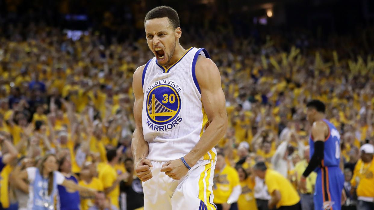 OAKLAND, CA - MAY 30:  Stephen Curry #30 of the Golden State Warriors reacts in the third quarter of Game Seven of the Western Conference Finals against the Oklahoma City Thunder during the 2016 NBA Playoffs at ORACLE Arena on May 30, 2016 in Oakland, California.