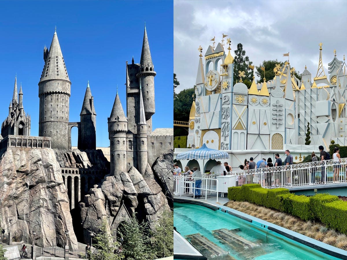 hogwarts castle at universal hollywood and the facade of its a small world at disneyland