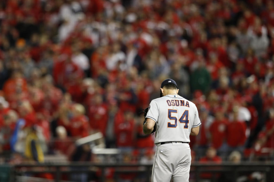 Roberto Osuna was booed by Nationals fans as he came into World Series Game 3. (Photo by Rob Tringali/MLB Photos via Getty Images)