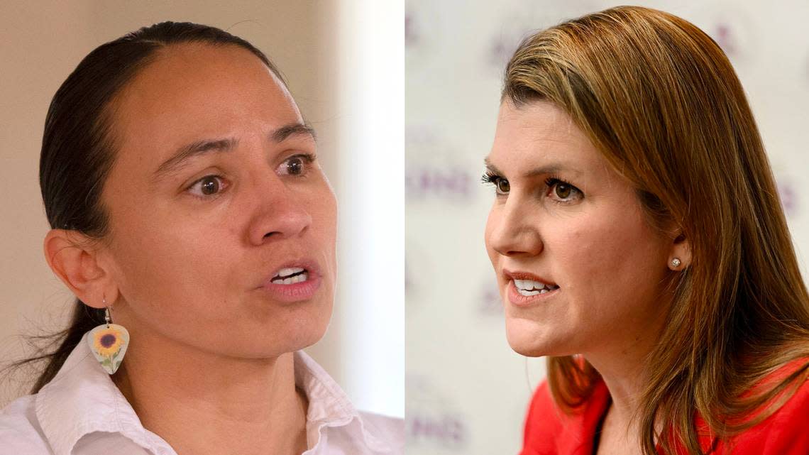 Incumbent Congresswoman Sharice Davids, left, a Democrat, is being challenged by Republican Amanda Adkins in Kansas’ 3rd District. File/Kansas City Star