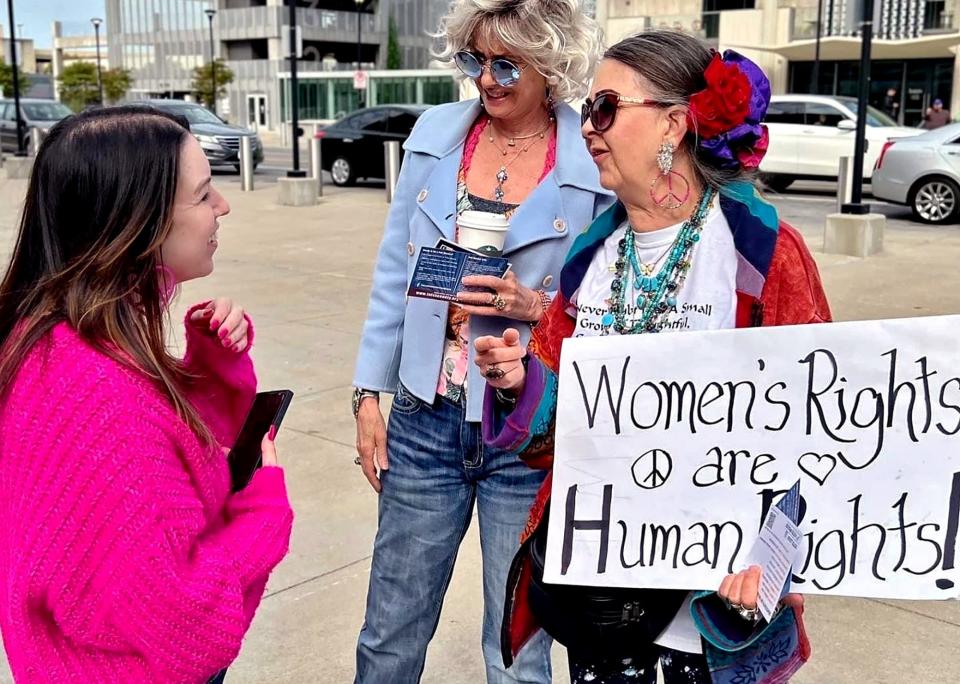 Rep. Amanda Swope talking to participants at the Tulsa Pride March.