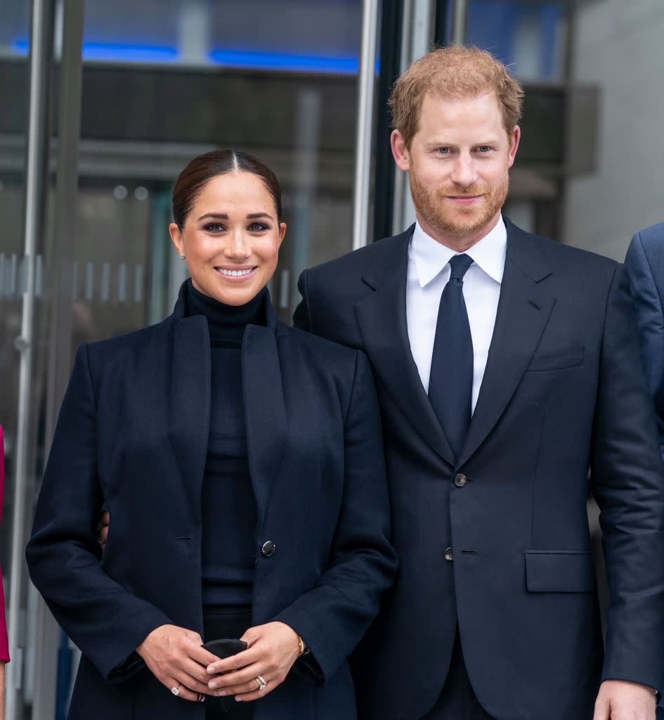 The Duke and Duchess of Sussex, Prince Harry and Meghan visit One World Observatory on 102nd floor of Freedom Tower of World Trade Center. (Getty Images)
Meghan, Duchess of Sussex, and Prince Harry, Duke of Sussex, are seen in Midtown on September 23, 2021 in New York City. (Getty Images)
Meghan Markle speaks onstage during Global Citizen Live, New York on September 25, 2021 in New York City.