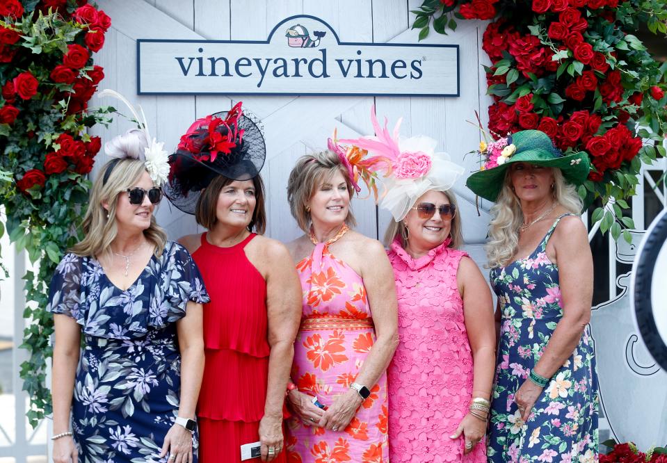 Veronica Miller, left, Trena Smith, Trish Raidt, Maria Baumgartner and Christa Stamp, right, had their picture made at this years Thurby at Churchill Downs. 
May 2, 2024