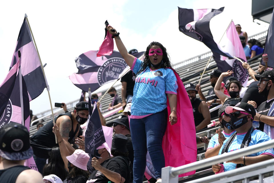 Inter Miami soccer fans cheer before an MLS soccer match against the LA Galaxy, Sunday, April 18, 2021, in Fort Lauderdale, Fla. (AP Photo/Lynne Sladky)