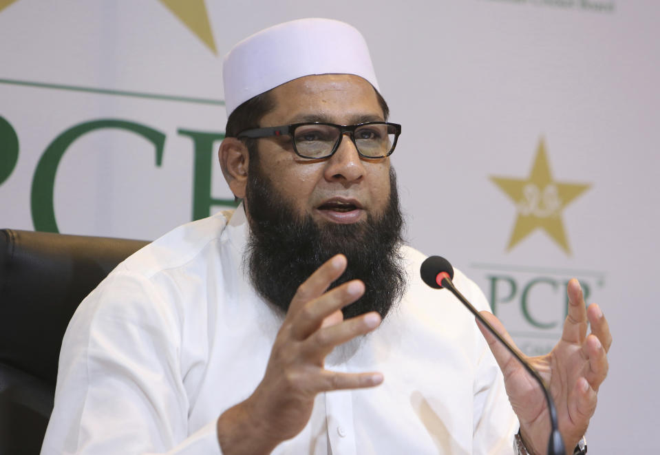 Chief selector of Pakistan Cricket Board Inzamam-ul-Haq announces the World Cup cricket squad in Lahore, Pakistan, Thursday, April 18, 2019. Pakistan has dropped out-of-form fast bowler Mohammad Amir and included 18-year-old paceman Mohammad Hasnain in its 15-member World Cup squad. Amir's exclusion came after the left-armer took only five wickets in 14 ODIs since Pakistan won the Champions Trophy in 2017. (AP Photo/K.M. Chaudary)