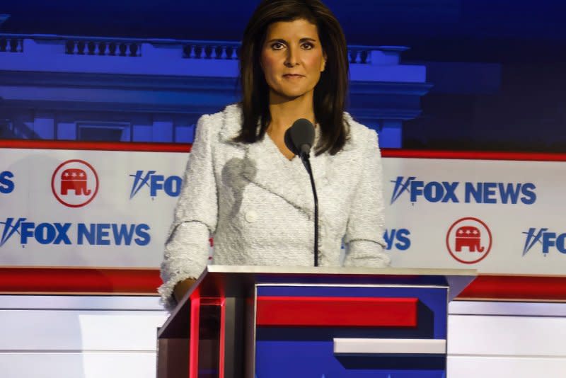 Republican presidential candidate Nikki Haley takes part in the first Republican presidential candidate debate of the 2024 presidential season, which kicked off at Fiserv Forum in Milwaukee, Wis., on Wednesday. Fiserv Forum will will be the site of the Republican National Convention July 15-18, 2024 where the Republican presidential candidate will be nominated. Photo by Tannen Maury/UPI