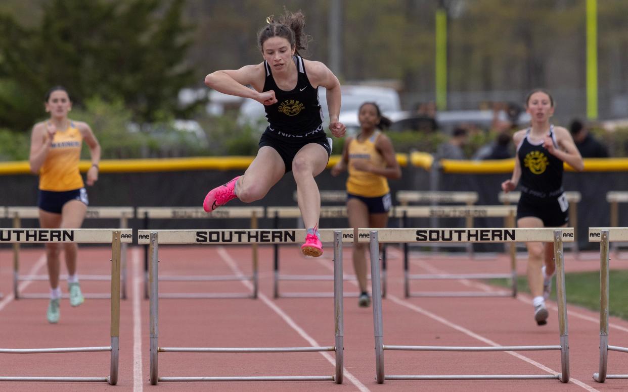 Southern’s Emma Ortiz wins her race in the Girls 400 hurdles. Ocean County Relay Championships 2024 at Southern Regional High School in Stafford Twp. NJ on May 3, 2024.