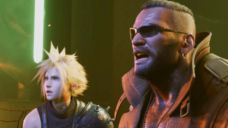 Two Final Fantasy characters look to the left in surprise.