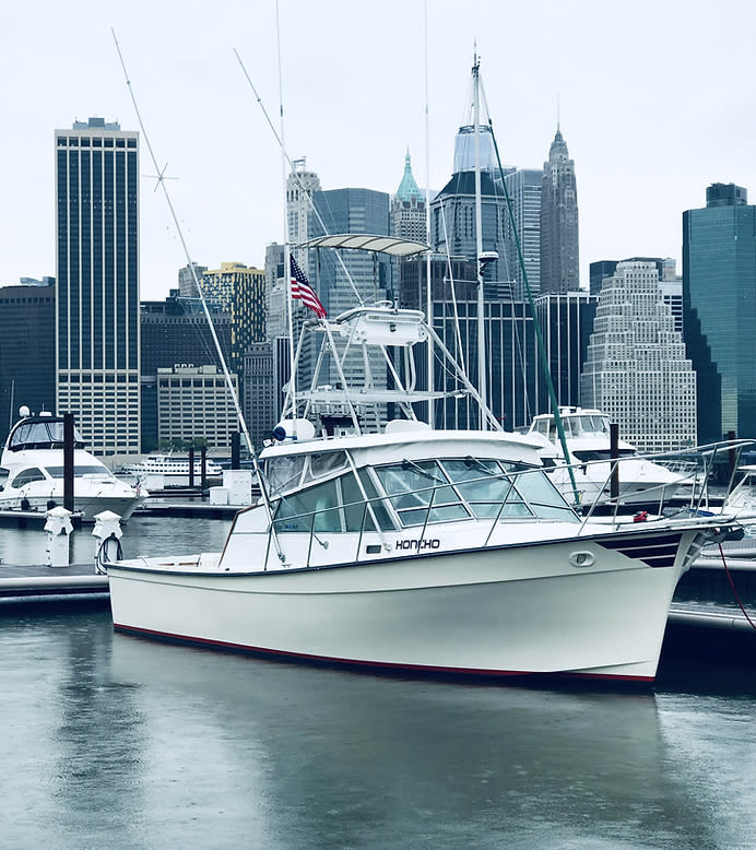 The commercial boat Honcho docks out of Brooklyn Bridge Park in Brooklyn Heights.